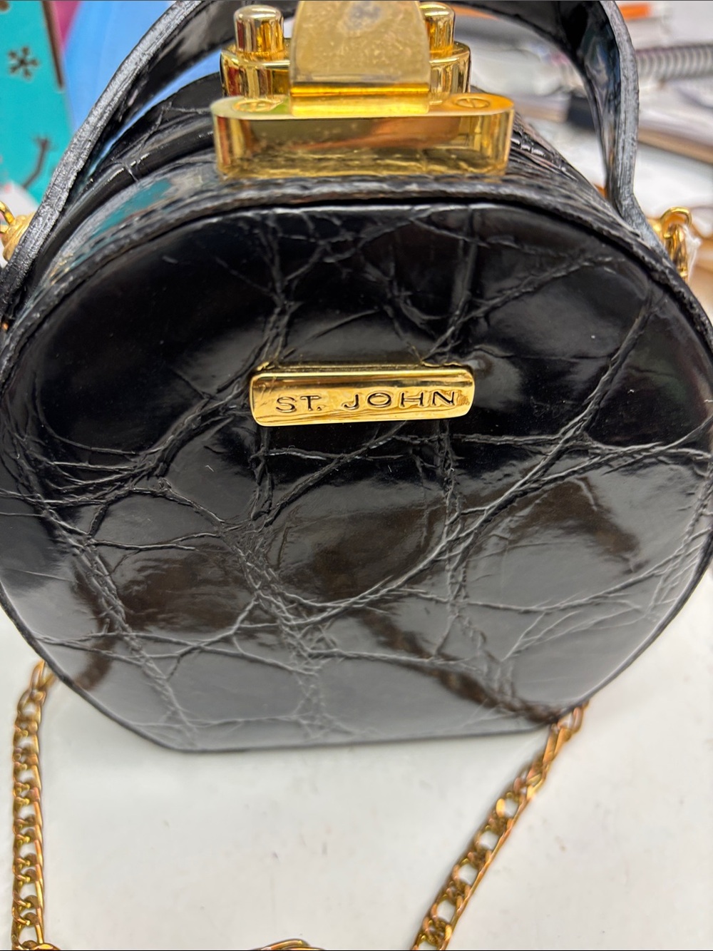 St. John Black Quilted Patent Leather Round Mini Crossbody with Gold Hardware#60